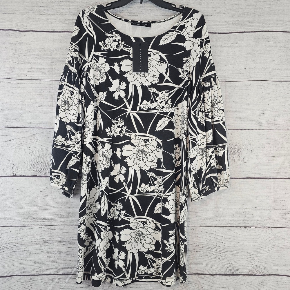 bryn WALKER L Large Lantern Long Sleeve Dress Black & White Floral NWT $210 L803 - Picture 3 of 8